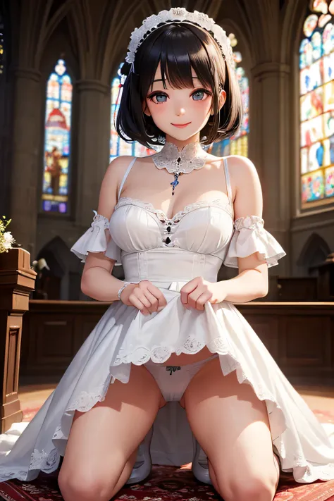 very cute and beautiful girl,(very detailed美しい顔と目:1.2),
(smile),blush,black hair,cowboy shot,looking at the viewer,kneel down,
Floral brown classic lolita dress with detailed ruffles,(skirt lift,white panties),
altar,church,indoors,
(highest quality,master...