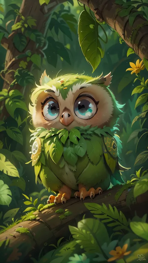 a cute owl，playing on the brancheront view, close up, Pixar cinematic style, best quality, movie stills, very cute, big eyes, Bright Eyes, Birds and flowers around, Rainforest, cute digital painting, Lovely and detailed digital art,