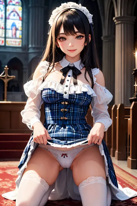 very cute and beautiful girl,(highly detailed beautiful face and eyes:1.2), (smile:1.2),blush,black hair,cowboy shot,looking at viewer,kneeling,blue plaid classic lolita dress with detailed frills,(skirt lift,white panties), altar,church,indoors, (best qua...