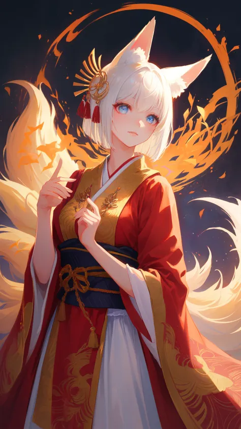 painting of a fox woman with white hair sitting on a branch，onmyoji detailed art，nine tails，a beautiful artwork illustration，myt...