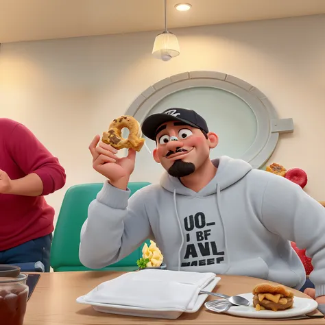 there a man sitting at a table with a donut in his hand, sosteniendo una pieza de madera, barba negra, gorra negra, sudadera gris, piel moreno,la roca un despertador de papa, pan gucci, condorito, delicioso, comer pasteles, giga chad llorando comiendo tama...