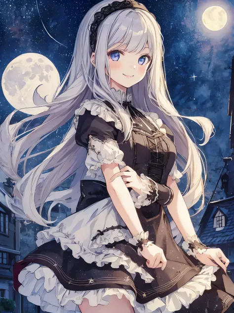 masterpiece, highest quality, figure, 1 girl, gothic dress, cute face, baby face, smile, middle teen, Night sky with stars and moon, long hair, skirt lift