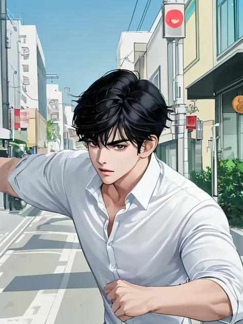 1boy, black hair, upper body, handsome, anime, white shirt, turn back, standing the street, night, dark sky, masterpiece, best quality, delicate face.
