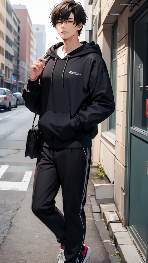 A man with square handsome face, good looking messy hair, physically fit body, beautiful big brown eyes, rich, smart, handling smartphone, wearing hoodie