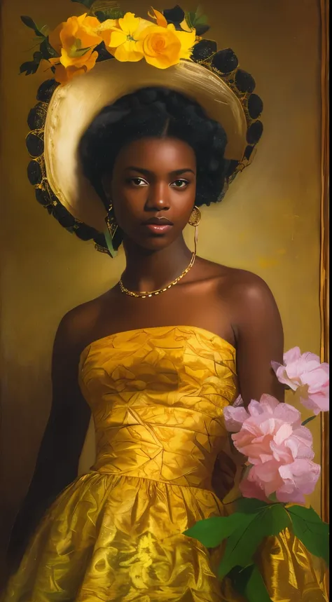 pretty young woman with ebony skin in a yellow dresswearing a hat with flowers on it, a pretty young heiressinspired by friedric...