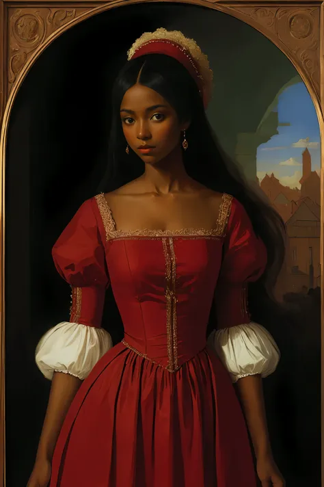 solo beautiful woman with dark skin in a red dress, renaissance style, art by vasily vereshchagin