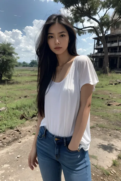 Thai Woman, look at viewer, long hair, shirt, jeans, cloud, day, sky,outdoors, post-apocalypse, ruins, scenery, tree, water,