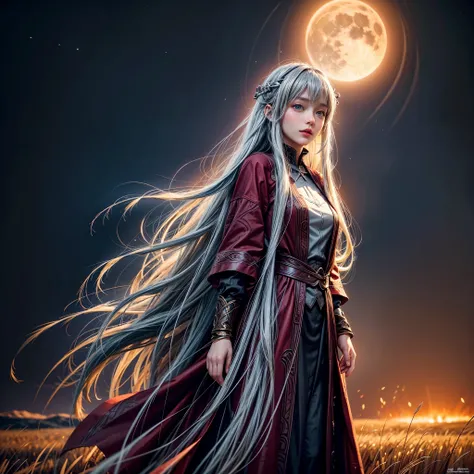 a girl with beautiful detailed blue eyes and long silver hair, dressed as Holo the wise wolf from Spice and Wolf, standing in a burning wheat field under a bloody moon. The girls lips are painted with a deep red color, adding an alluring touch to her face....