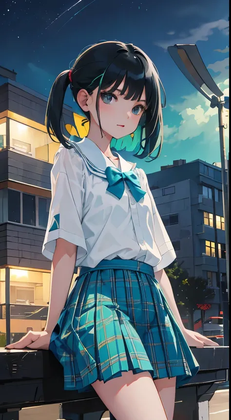 (child)，（masterpiece，Top quality)，Turquoise pleated miniskirt with blue-green plaid pattern，short sleeve，black hair，Summer Classroom，night，night景