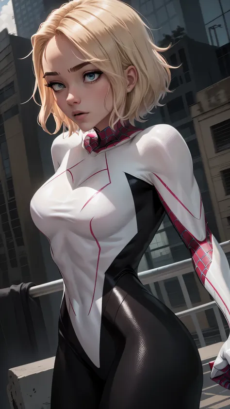 spider-gweb as a 18-year-old girl, upper body, close-up, black spider-man suit, short hair, blonde hair, beautiful face, fightin...