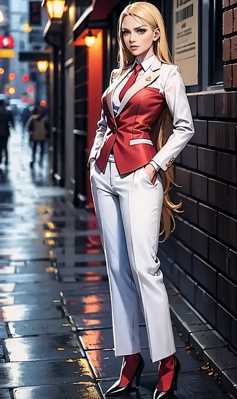 ( 
    (Character: one Diplomat woman, Caucasian, green eyes, long and straight blonde hair, medium build) 
    (Clothing:  elegant blouse,red  formal pants, polished shoes)
    (Pose: full body shot:1.7, Standing tall, one hand on the hip, confident)
    ...