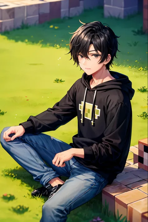 1 male, best quality, black hair, black eyes, black hoodie, black jeans, sitting on grass blocks, minecraft background 