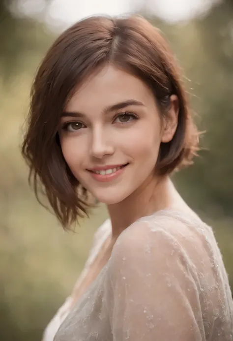 1girl, brunette, brown eyes, short hair, smiling,