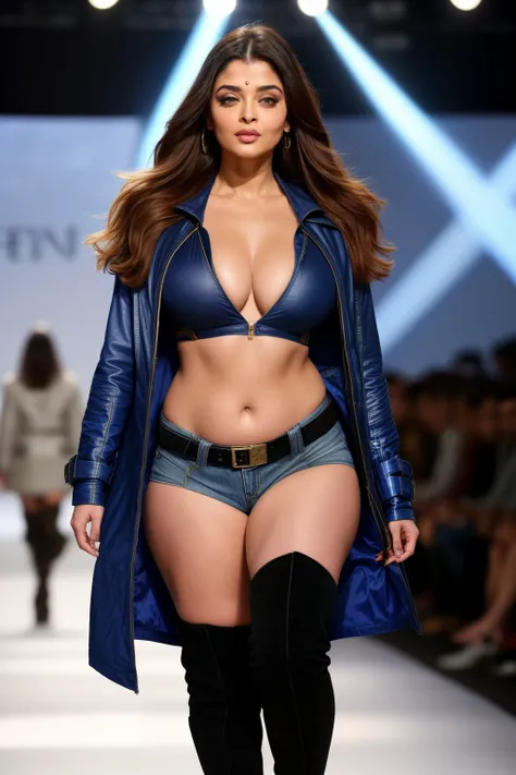 Full body photo of Aishwarya rai as fighter pilot, micro mini denim skirt with ((unzipped open shirt)), (((knee high boots))), ((catwalk in ramp surrounded by men)), bright day scene, mature athletic curvaceous hourglass figure, (((medium sized boobs))), m...