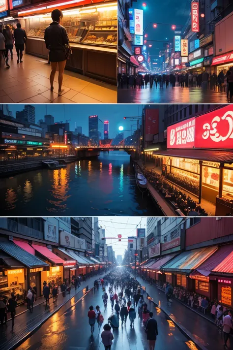 Compile a dynamic collage showcasing the vibrant nightlife of Dotonbori, with neon lights, street performers, and the energetic atmosphere of the district after dark