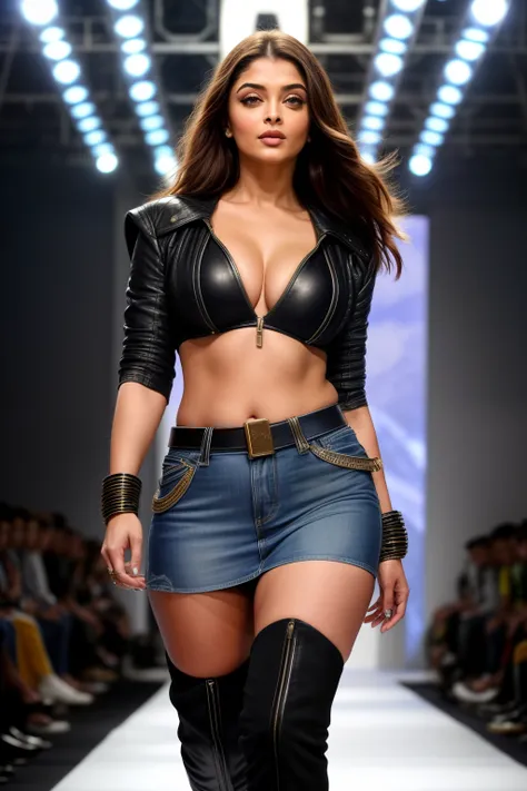 Full body photo of Aishwarya rai as fighter pilot, micro mini denim skirt with ((unzipped open shirt)), (((knee high boots))), ((catwalk in ramp surrounded by men)), bright day scene, mature athletic curvaceous hourglass figure, (((medium sized boobs))), m...