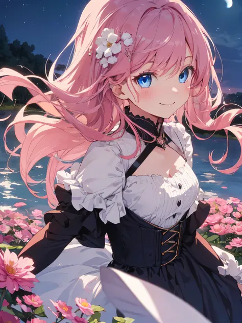 anime, 1 girl, blue eyes, 15 years old, cute face, baby face, long hair, Upper body, Active, Pretty dresses, 4K, high definition ultra, pink hair, small smile, Night sky with river and beautiful flowers