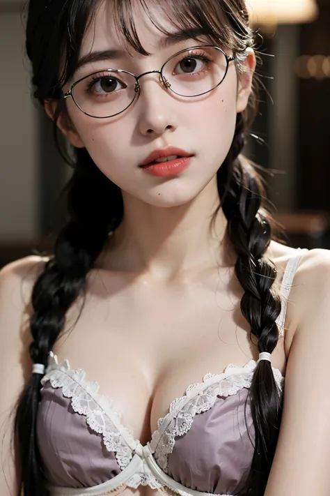 Top quality, one beautiful woman, 20 years old, 35mm lens, f/1, dark brown eyes, glasses, braids, black hair, pale skin, medium chest, bras, look at viewer, Key light