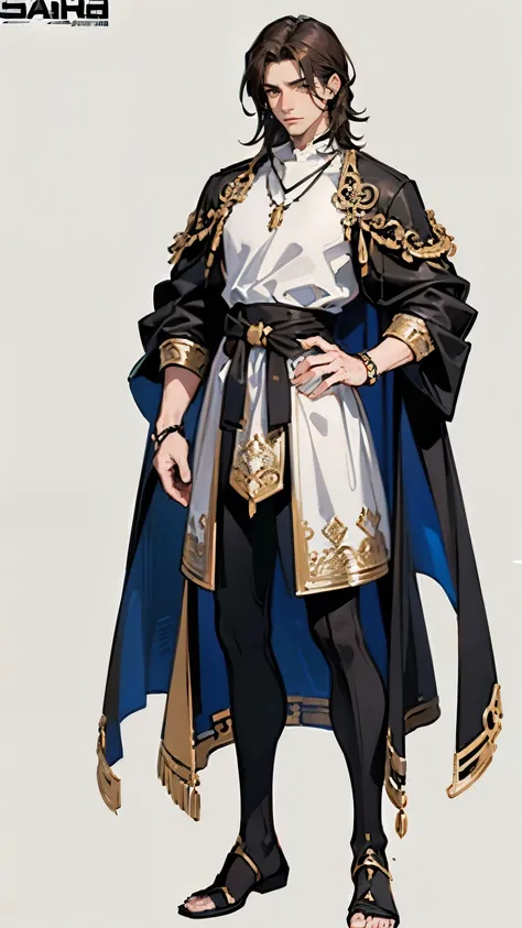 ((masterpiece,best quality,8k,highres)),((character concept art)), 1 male, young adult man, 175 cm height, medium hair, (brunette hair colour), ultra finely detailed eyes (brown eyes colour), extraordinary handsome, (serious),menacing, thin body build, ((i...