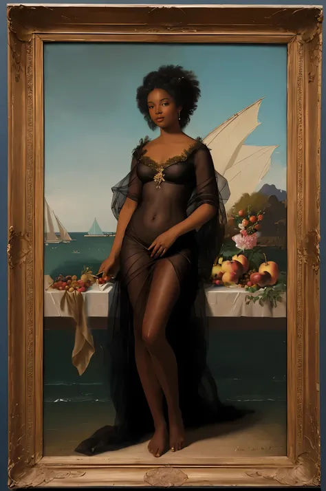 The Birth of Venus with ebony skin wearing a sheer dress standing near a table filled with apples, grapes, flowers, wine, holding a gold spoon in her left e, Paintings by Vigée Leblanc