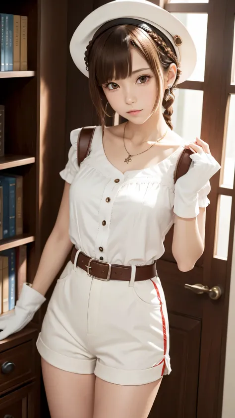 (masutepiece:1.3), (Best Quality:1.3),Indoors,bookshelf,window,Solo,1girl in, Raysarin_stout, Upper body,,Brown hair, Brown eyes, Solo, hair clips, earrings, Jewelry, Short_hair, white_Hats, hat, hair_ornament detached, brown_gloves, Necklace, Short_Shorts...