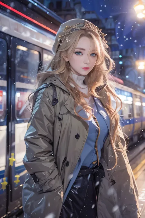 1 female、(european:2.2)、Early 20s、(super beautiful)、(super beautiful顔)、(golden middle hair)、(blue eyes)、wearing makeup、Standing on the station platform in the big city at night、The background is a stopped train、(shallow depth of field)、(that&#39;It&#39;s s...