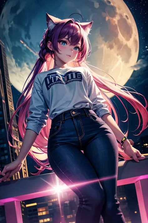 top quality, high resolution, perfect human structure, ceiling, purple hair, glowing hair, cat ears, french braid, crazy eyes, shirt, jeans, night sky, neon colors, city, angle from below, colorful, near future, moon