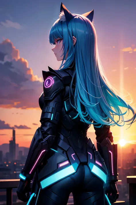 Top quality, high resolution, perfect human structure, from behind, glowing hair, cat ears, blue hair, near future, neon colors, colorful, sunset, standing, bangs pinned back, combat uniform, determined, glowing eyes