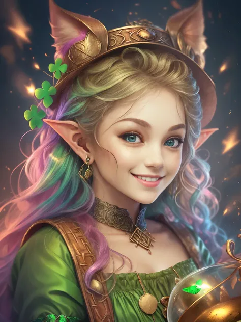 (portrait:1.6), (cowboy shot:1.5), (((Cute female leprechaun smiling，Her facial features are very beautiful，1 pair of pointed ears and charming eyes，Complements flowing hair:1.6))），Rainbow and cauldron filled with clovers and coins ,geometry，portrait画, art...