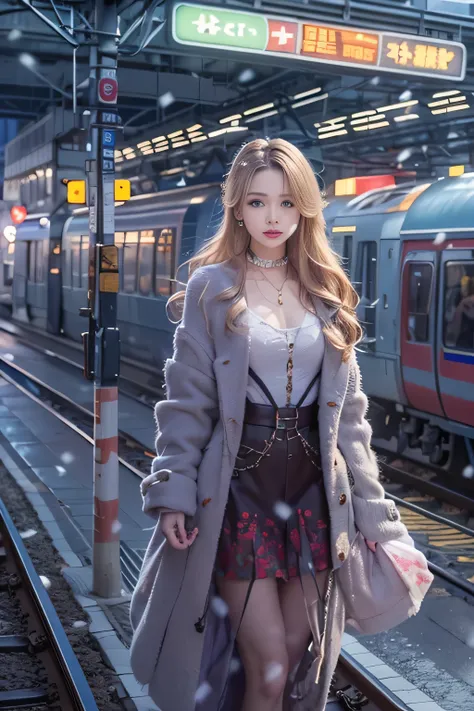 1 female、(european:2.2)、Early 20s、(super beautiful)、(super beautiful顔)、(golden middle hair)、(blue eyes)、wearing makeup、Standing on the station platform in the big city at night、The background is a stopped train、(shallow depth of field)、(that&#39;It&#39;s s...