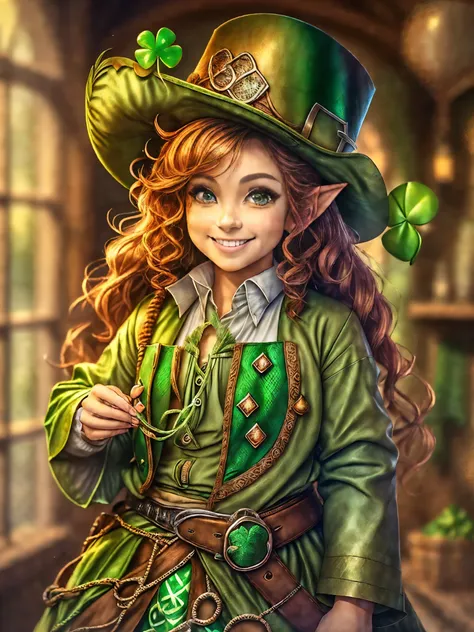 (cowboy shot:1.2), (((Cute female leprechaun smiling，Her facial features are very beautiful，Pointy ears and charming eyes，Complements flowing hair:1.6))），Rainbow and cauldron filled with clovers and coins ,geometry，portrait, art bookstore, Chibi, Yang08k, ...