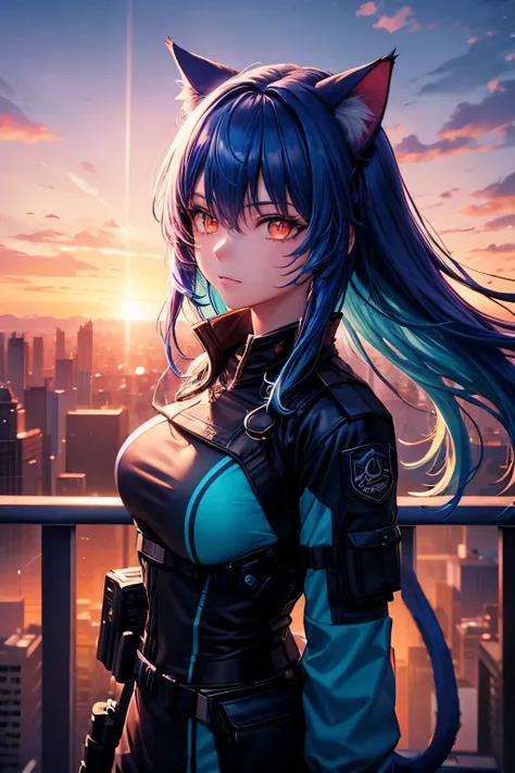 Top quality, high resolution, perfect human structure, from above, glowing hair, cat ears, blue hair, near future, neon colors, colorful, sunset, standing, bangs pinned back, combat uniform, determined, glowing eyes, city,