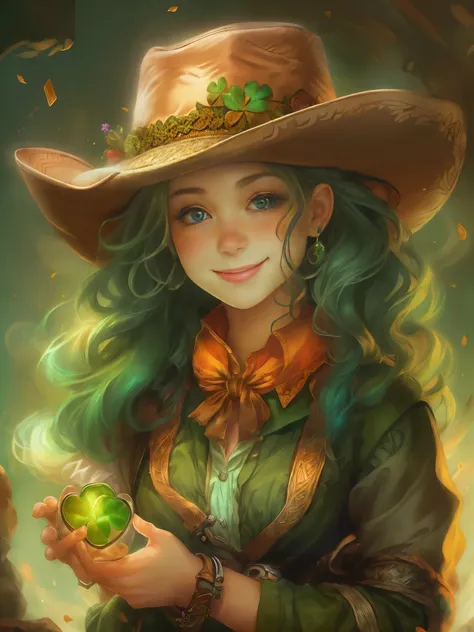 (cowboy shot:1.8), (((Cute female leprechaun smiling，Her facial features are very beautiful，Pointy ears and charming eyes，Complements flowing hair))），Rainbow and cauldron filled with clovers and coins ,geometry，portrait, art bookstore, Chibi,
Yang08k, beau...