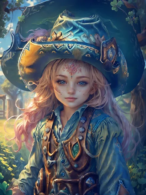 (cowboy shot:1.8), (Cute female leprechaun smiling，Her facial features are very beautiful，Pointy ears and charming eyes，Complements flowing hair），Rainbow and cauldron filled with clovers and coins ,geometry，portrait, art bookstore, Chibi,
Yang08k, beautifu...