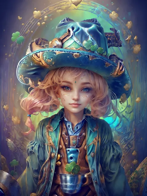 (cowboy shot:1.8), (Cute female leprechaun smiling，Her facial features are very beautiful，Pointy ears and charming eyes，Complements flowing hair），Rainbow and cauldron filled with clovers and coins ,geometry，portrait, art bookstore, Chibi,
Yang08k, beautifu...