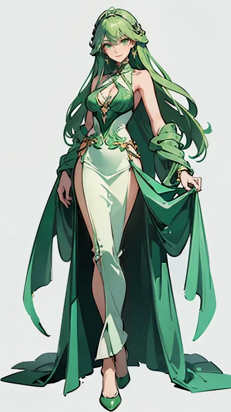 ((masterpiece,best quality,8k,highres)),((character concept art)), 1 female, young adult female, forest queen, 170 cm height, long curly hair, (mint green hair colour), ultra finely detailed eyes (green eyes colour), extraordinary gorgeous, charming, smirk...