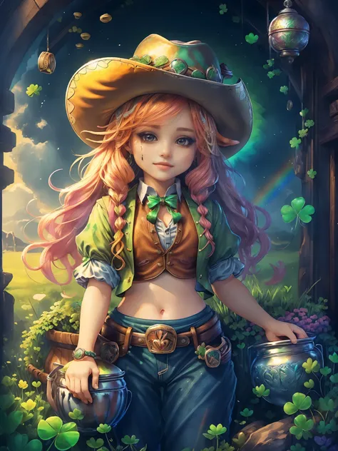 (cowboy shot:1.5), (Cute female leprechaun smiling），Rainbow and cauldron filled with clovers and coins ,geometry，portrait, art bookstore, Chibi,
Yang08k, beautiful, dyeing,
Obras, highest quality, best quality, official art, beautiful and Aesthetic,