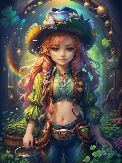 (cowboy shot:1.5), (Cute female leprechaun smiling），Rainbow and cauldron filled with clovers and coins ,geometry，portrait, art bookstore, Chibi,
Yang08k, beautiful, dyeing,
Obras, highest quality, best quality, official art, beautiful and Aesthetic,