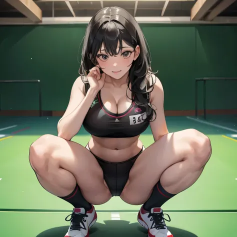 1 girl,naughty sports costumeを着た可愛い女の子がこちらを見つめて微笑んで,Gravure idol level cuteness,black hair,Accurately depicted faces,Slender but big breasts,bellybutton,Aside,healthy thighs,naughty sports costume,High leg,cleavage,anatomically correct,precise fingers,squa...