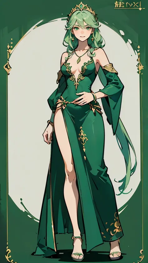 ((masterpiece,best quality,8k,highres)),((character concept art)), 1 female, young adult female, forest queen, 170 cm height, long curly hair, (mint green hair colour), ultra finely detailed eyes (green eyes colour), extraordinary gorgeous, charming, smirk...