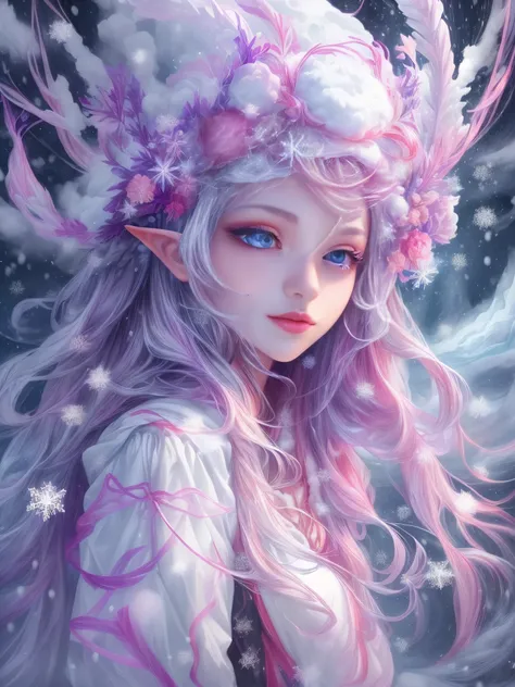 （Female elf stands in front of white snow whirlpool: 1.5），((Her facial features are very beautiful，Pointy ears and charming eyes，Complements flowing hair。The costume she wears combines traditional elf clothing with futuristic technological mechanical eleme...