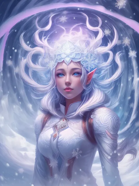 （Female elf stands in front of white snow whirlpool: 1.5），((Her facial features are very beautiful，Pointy ears and charming eyes，Complements flowing hair。The costume she wears combines traditional elf clothing with futuristic technological mechanical eleme...