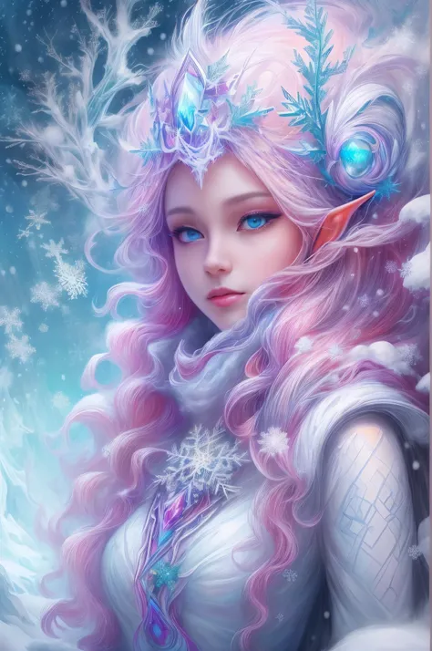 （Female elf stands in front of white snow whirlpool: 1.5），((Her facial features are very beautiful，Pointy ears and charming eyes，Complements flowing hair。The costume she wears combines traditional elf clothing with futuristic technological mechanical eleme...