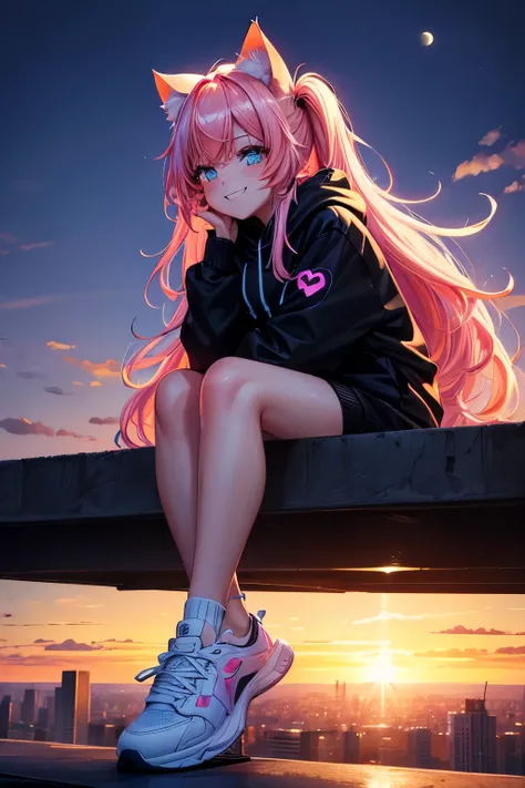 Top quality, high resolution, perfect human structure, iridescent hair, glowing hair, cat ears, fun, sitting on roof, city, sunset, moon, neon, neon colors, near future, from below , heart shaped pupils, wavy hair, shiny hair, smiling, hoodie, sneakers, be...