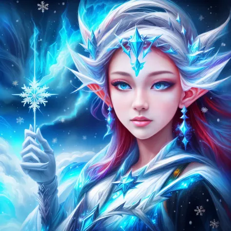 （Female elf stands in front of white snow whirlpool: 1.5），((Her facial features are very beautiful，Pointy ears and charming eyes，Complements flowing hair。The costume she wears combines traditional elf clothing with futuristic technological mechanical eleme...