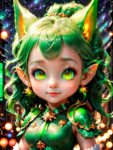 (portrait: 1.8), 3D character rendering，((1 elf girl，Green double ponytail，可爱的Ha ha脸，Pointy ears and charming eyes))，((Hairstyling design：bright dark green，添加一些glowing light的元素头饰，Designs such as orange photoelectric glasses or head-mounted displays：在面部装饰上添...