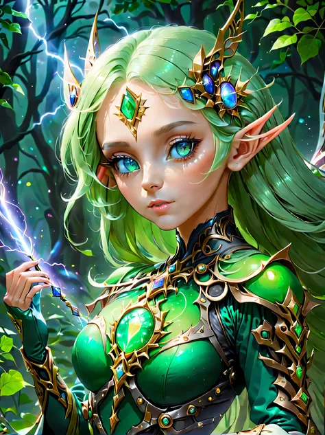 (portrait)，cowboy shooting, portrait of a female elf，A unique blend of magical and futuristic mechanical themes，((Hand-held mechanical gemstone wand，Cast lightning magic，Show your enchanting beauty))。Her facial features are very beautiful，Pointy ears and c...