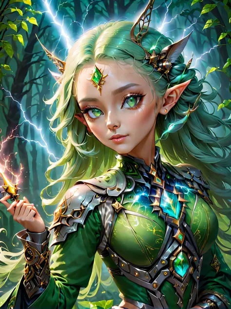 (portrait)，cowboy shooting, portrait of a female elf，A unique blend of magical and futuristic mechanical themes，((Hand-held mechanical gemstone wand，Cast lightning magic，Show your enchanting beauty))。Her facial features are very beautiful，Pointy ears and c...