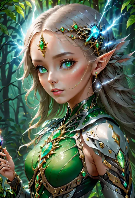 (portrait)，cowboy shooting, portrait of a female elf，A unique blend of magical and futuristic mechanical themes，((Hand-held mechanical gemstone wand，Cast lightning magic，Show your enchanting beauty))。Her facial features are very beautiful，Pointy ears and c...