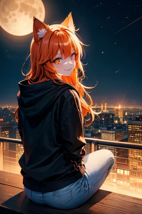 Top quality, high resolution, perfect human structure, from behind, orange hair, glowing hair, cat ears, near future, city, lonely, overlooking city, sitting, neon, neon color, moon, jeans, heart shaped pupils , blunt bangs, wavy hair, shiny hair, evil smi...